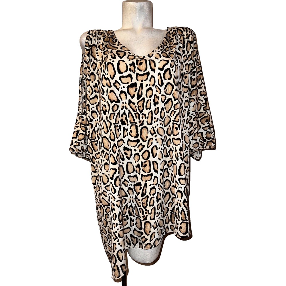 LANE BRYANT Top Plus Size 22/24 Leopard Slit Sleeve Asymmetric Hem Tunic Shirt